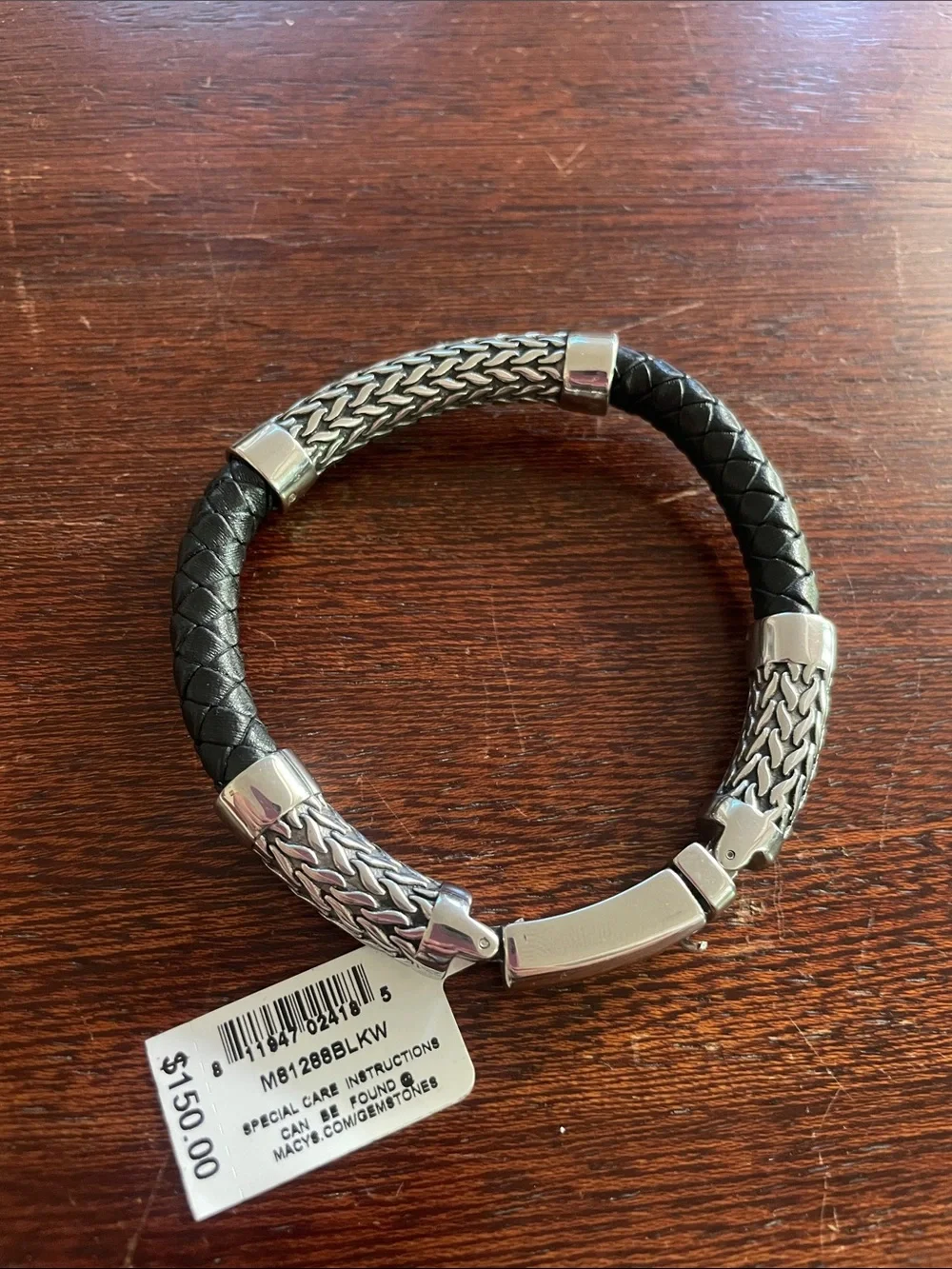 LEGACY for MEN by Simone I. Smith Black Leather Bracelet in Stainless Steel. NWT